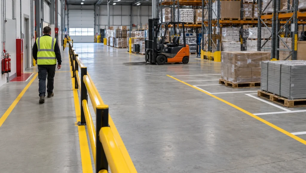 Yellow resin floor lines separating a pedestrian walkway from a forklift aisle in a warehouse, 5S floor marking, workplace zoning and demarcation, what colours to use for 5S floor marking