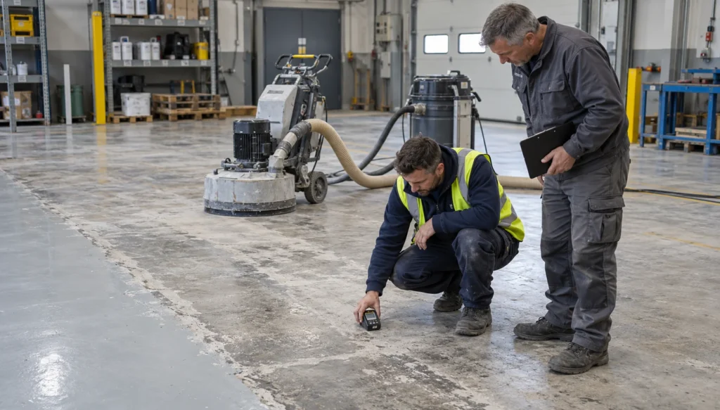 industrial flooring contractor conducting diamond grinding substrate preparation, choosing a flooring contractor, resin flooring questions to ask, how to check a flooring contractor's record