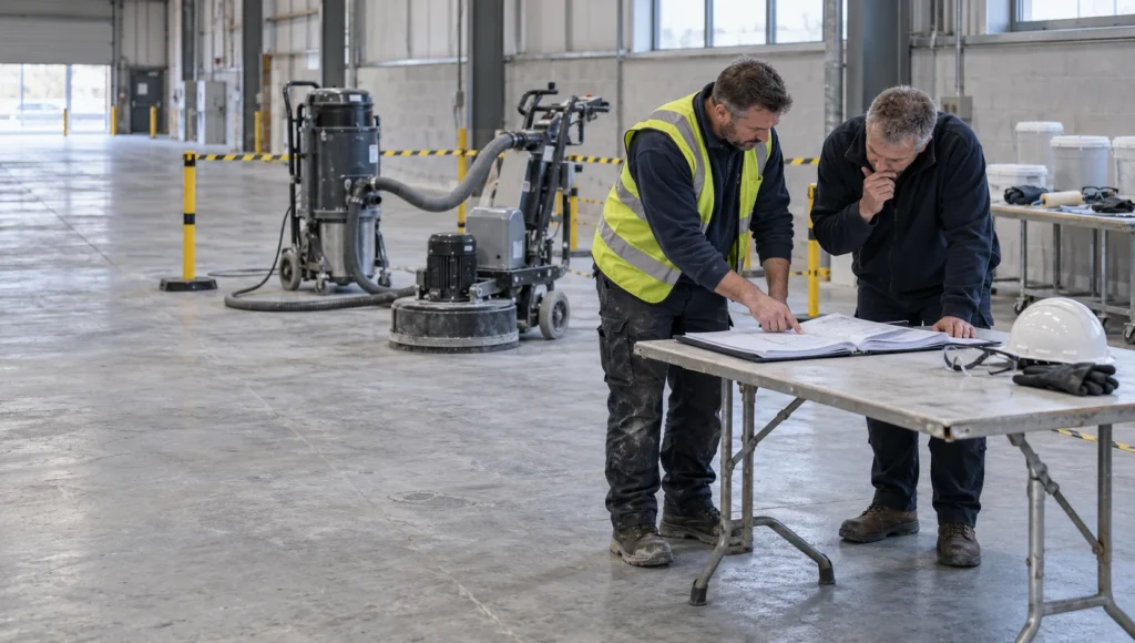 Specialist flooring contractor checking COSHH assessment documentation before surface preparation, COSHH assessment for flooring, CDM duties flooring contractor, silica dust control during floor preparation