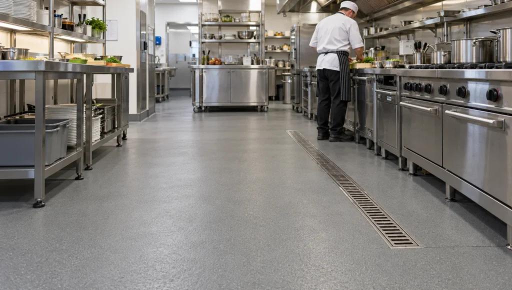 Heavy duty polyurethane screed laid across a busy commercial kitchen floor, commercial kitchen flooring, restaurant kitchen flooring, what flooring passes an EHO kitchen inspection