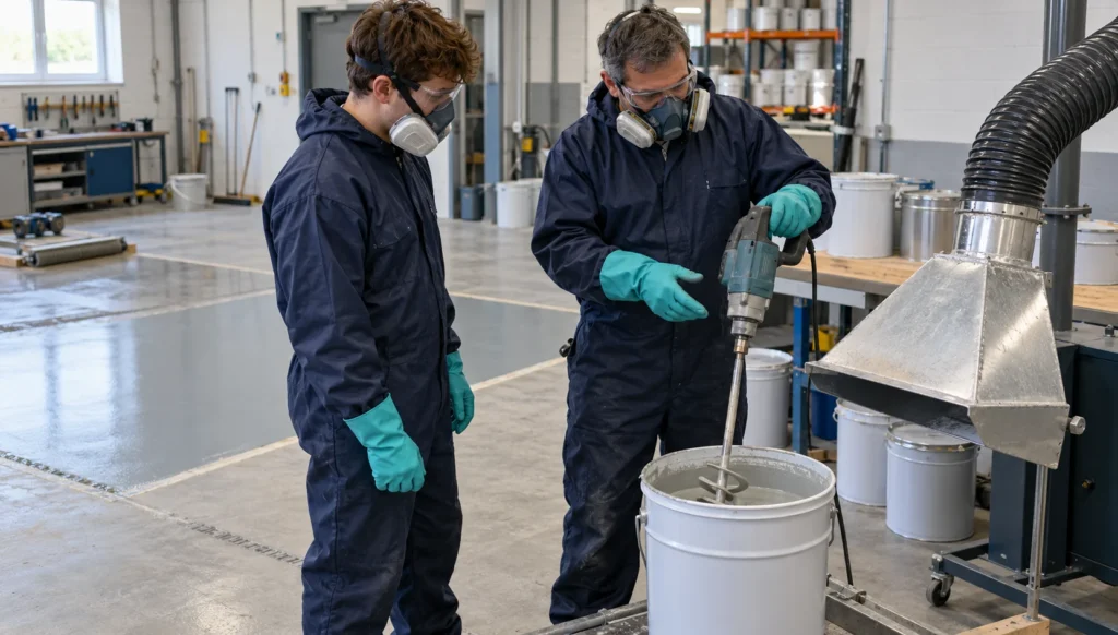 Protective gear worn for diisocyanate handling on industrial site, diisocyanate training, polyurethane installer certification, who needs diisocyanate training on site