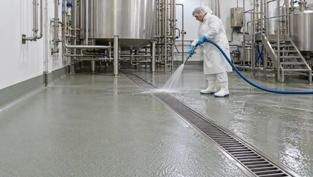 heavy duty food factory flooring with stainless steel drainage channel, food factory flooring, food production resin flooring, resin flooring for a dairy wash down area