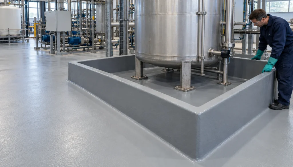 industrial chemical resistant flooring installed in a processing facility, chemical resistant flooring, chemical resistant floor coating, which resin resists sulphuric acid spillage