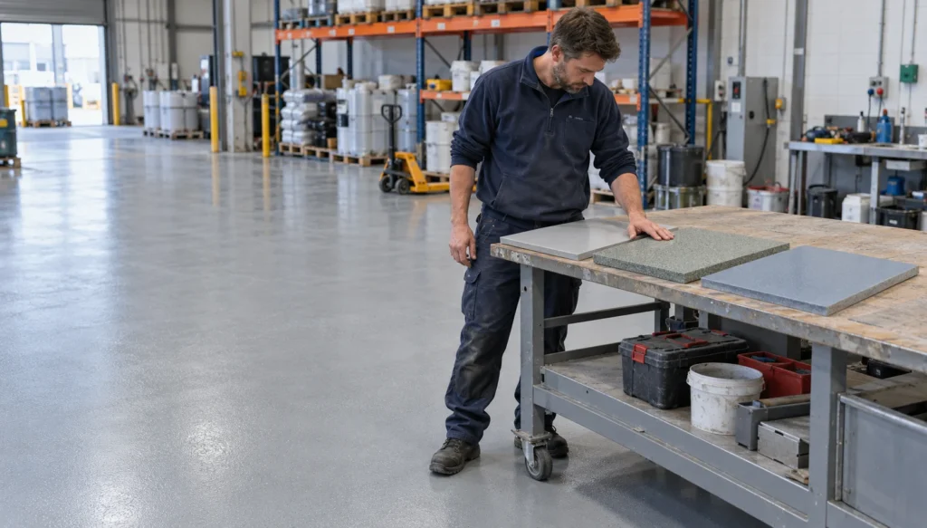 A trowel-applied polyurethane resin screed being laid across an industrial production floor, which resin floor do I need, resin system selection guide, matching a resin system to a process area