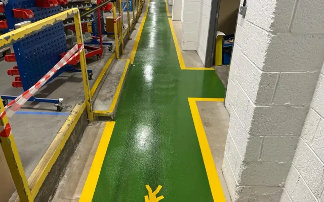 Industrial line marking applied in resin to a warehouse floor